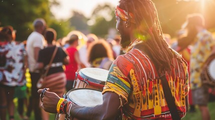 A man with dreadlocks energetically plays drums in front of a large crowd, showcasing his musical...