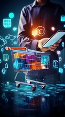 Businessman using tablet in shopping cart on dark background. 3D rendering