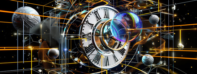 Time takes on a psychedelic form with a mesmerizing clock, its vibrant colors and abstract patterns creating an unconventional and mind-bending experience. Black background.