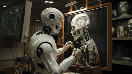 Modan cyborg advanced robot artist painting a portrait on canvas in artist studio, 3D render digital art, artificial intelligence, future AI technology development, machine learning mechanism concept.