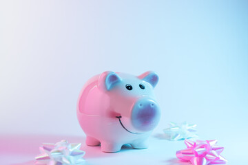 Piggy bank in vibrant bold gradient holographic colors. Christmas and New Year minimal art concept.