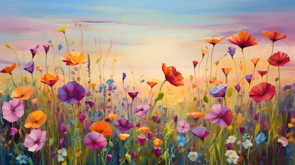 Colorful poppies meadow on sunset sky background. Digital painting.