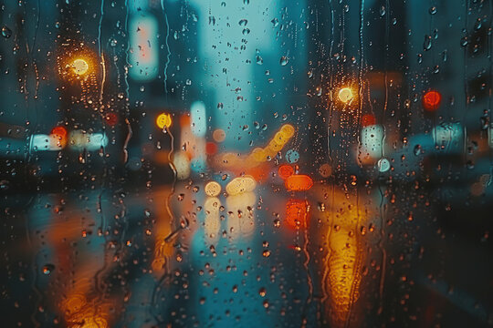 A rain covered window with raindrops falling, revealing a street light in the background