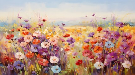 Flower meadow panorama with poppies and daisies