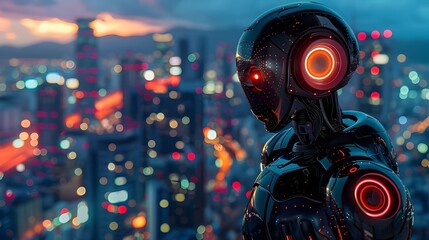 Futuristic robot background, modern android cyborg with mechanisms network wires. 3D render digital graphic, artificial intelligence, AI technology development and machine learning, future human life.