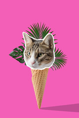 Funny cat head on ice cream cone. Minimal vibrant summer background.