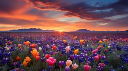 A panoramic shot of an open field of flowers at sunset