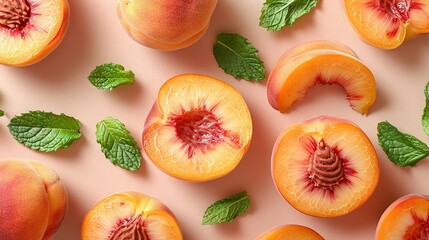  Group of sliced peaches on pink surface with mint leaves and fruit center