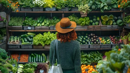 Woman at food market, 3d render vibrant image of customer happily purchasing sustainable organic vegetables at farm market. With reusable bags in hand, healthy sustainability life style concept.