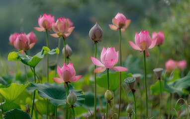 Fototapeta premium A field covered with numerous pink flowers and lush green leaves, creating a vibrant and colorful scene