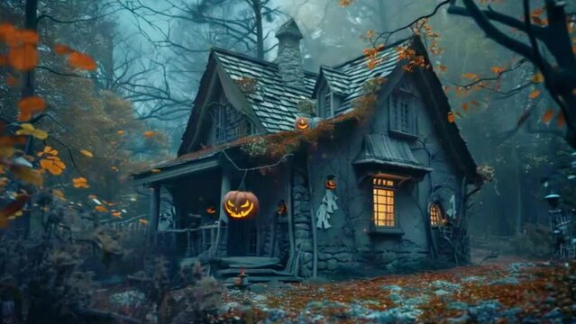 Haunted House with Pumpkin Zombie Apocalypse Survival Shelter, Halloween Background 4k High-Quality Animation video
