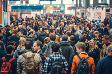 Crowd of anonymous people at a trade fair
