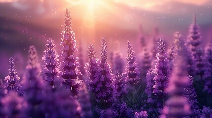  A lavender field bathed in sunlight through cloudy skies