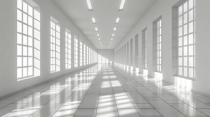   A lengthy corridor featuring numerous windows and a tiled surface with white tiles beneath, accompanied by a continuous line of windows along the wall
