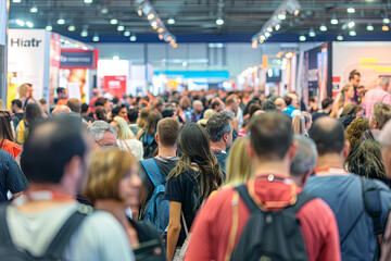 Crowd of anonymous people at a trade fair
