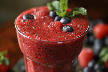 Red strawberry, raspberry smoothie in a glass close up. Healthy drinks and lifestyle. Weight loss
