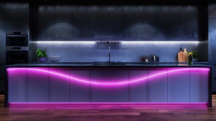   A kitchen with a purple countertop next to a sink and a purple wave countertop