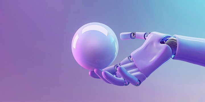 a robot hand is touching a ball against a gradient background