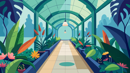 The calming scent of blooming flowers drifts through the air surrounding visitors on their journey through the indoor botanical walk.. Vector illustration