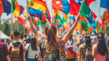 A woman proudly holds a rainbow flag in front of a diverse crowd of people at a public event. - Powered by Adobe