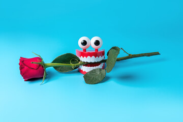 Plastic toy teeth with rose flower on blue background. Abstract minimal composition.