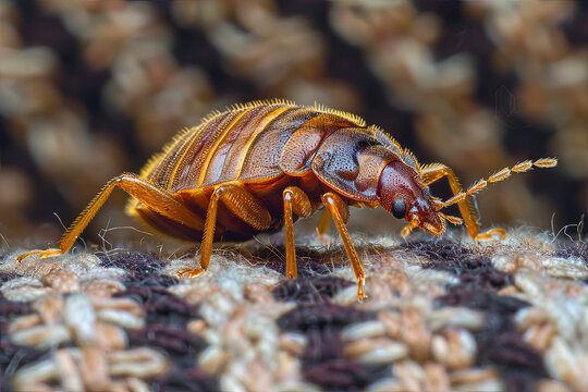 Cimex hemipterus - bed bug on bed background
