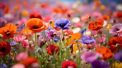 poppies on the meadow in spring time. panorama