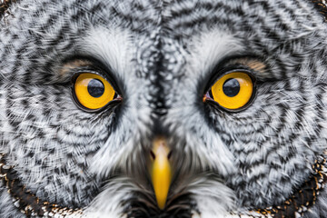 Front-facing photo of an owl, focus on the eyes.