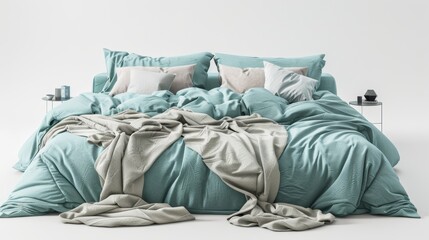 Contemporary pale turquoise bedroom setup with a spacious bed, plush pillows, and a blanket, studio shot on a white background