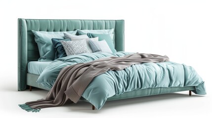 Contemporary pale turquoise bedroom setup with a spacious bed, plush pillows, and a blanket, studio shot on a white background