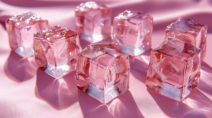   Group of pink ice cubes on pink surface with light illumination