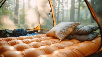 Cozy setup inside a tent featuring a camping inflatable mattress with a pillow, captured in portrait orientation for outdoor adventure enthusiasts