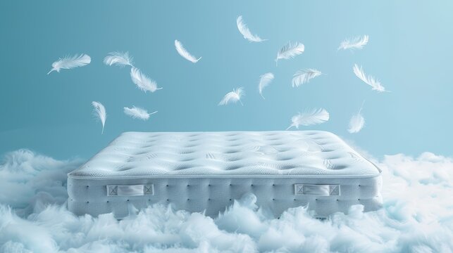 Detailed banner view of a mattress on a serene light blue background, complemented by soaring feathers, with copy space on top