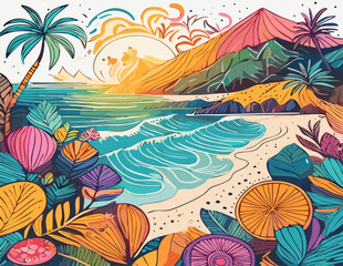 tropical beach with mountain