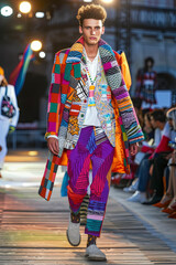 Fototapeta premium Male models walk the runway in different modern and colourful suits during a Fashion Show. Fashion catwalk event showing new collection of clothes. Vivid colours 