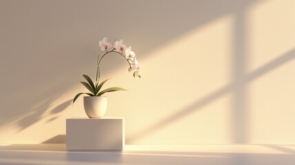 A modern geometric podium in a minimalist setting with light shadows.