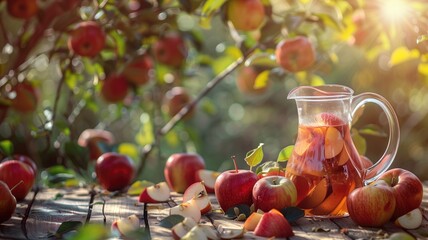 Refreshing summer scene with apples and sangria in natural light.