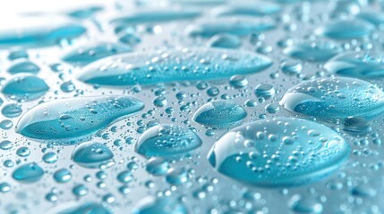   A zoom-in of several water droplets on a blue-colored surface against a white backdrop