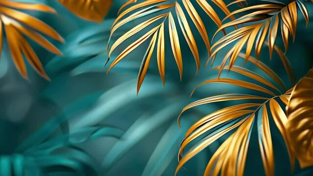 A video of a leafy green background with gold palm leaves. The leaves are in various sizes and are spread out across the painting