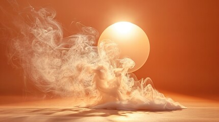   A white substance is seen against an orange backdrop with a sizable smoke ball emanating from its upper part - obrazy, fototapety, plakaty