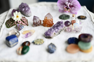 A beautiful assortment of healing crystals and flowers. Fresh and vibrant, moody crystals....