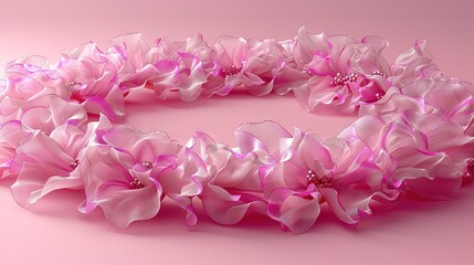   Close-up of a pink flower wreath on a pink background with a pearl bead