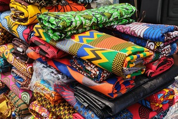 Close up of folded brightly multi coloured and patterned African Ghanaian traditional cotton print...