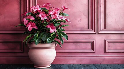  A potted plant with pink flowers on a wooden floor in front of a pink wall with wooden paneling