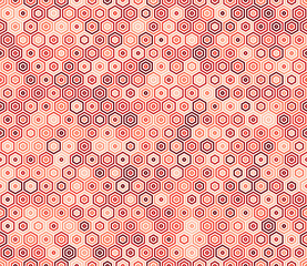 Honeycomb mosaic background. Stacked hexagon bold mosaic cell. Red color tones. Hexagon geometric shapes. Tileable pattern. Seamless vector illustration.