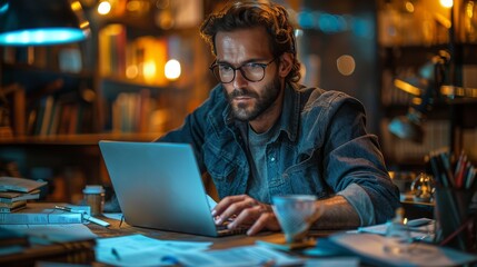 Fototapeta premium Young Man Sitting at Table Using Laptop Computer