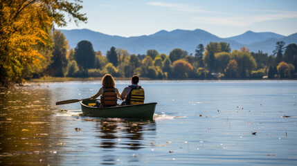 Autumn Canoeing on a Serene Lake with a Couple Enjoying Nature and Adventure