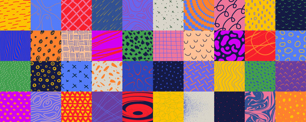 Big Set of various abstract square covers, hand drawn colorful doodle shapes with textures, geometric mosaic with bizarre color motley pattern in patchwork style, spotted and lines, splashes, dots