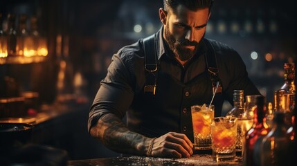 Professional Bearded Barman Skillfully Mixing and Pouring an Exquisite Cocktail in a Moodlit Bar