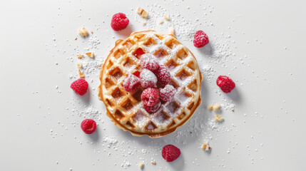A freshly made waffle is topped with vibrant raspberries and a dusting of powdered sugar on a white...